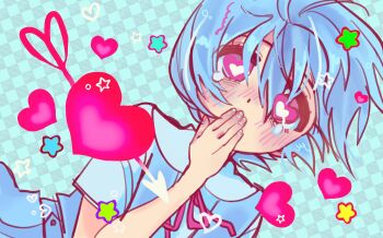 1girl aqua_background arrow_(projectile) ayanami_rei blue_hair blush checkered_background commentary crying derivative_work heart heart-shaped_pupils heart_arrow highres jizzbian neon_genesis_evangelion pink_eyes school_uniform star_(symbol) symbol-shaped_pupils
