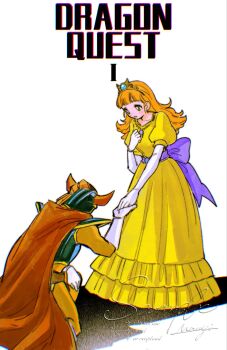 1boy 1girl armor back_bow bodysuit bow cape commentary copyright_name dragon_quest dragon_quest_i dress fake_horns full_body gloves helmet hero_(dq1) highres holding_hands horned_helmet horns jewelry long_hair looking_at_another mouyi necklace on_one_knee orange_bodysuit orange_hair princess princess_laura purple_bow purple_sash red_cape sash signature standing symbol-only_commentary tiara white_background white_gloves yellow_dress