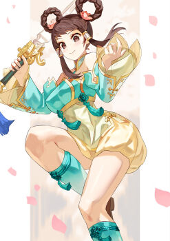Rule 34 | 1girl, border, braid, braided hair rings, breasts, brown eyes, brown footwear, brown hair, chinese clothes, closed mouth, commentary request, detached sleeves, falling petals, floating clothes, floating hair, flower, gradient legwear, hair flower, hair ornament, hair rings, hair tubes, highres, holding, holding sword, holding weapon, jian (weapon), large breasts, leg up, looking at viewer, lotus, petals, smile, solo, soul calibur, soulcalibur, soulcalibur v, sword, weapon, white border, yagi2013, yan leixia