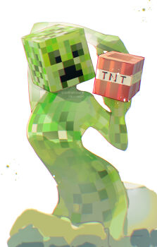 Rule 34 | 1girl, absurdres, arm up, block head, colored skin, creeper, explosive, green skin, highres, holding block, lixiang guo alice, minecraft, solo, tnt, tnt block (minecraft), white background