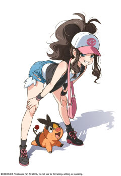 1girl absurdres ass bag baseball_cap bent_over black_boots black_socks black_vest blue_eyes blue_shorts boots brown_hair commentary exposed_pocket gen_5_pokemon grin happy hat highres hilda_(pokemon) keikonics knees long_hair nintendo open_clothes open_vest pink_bag pokemon pokemon_(creature) pokemon_black_and_white shirt shorts sidelocks sleeveless sleeveless_shirt smile socks standing teeth tepig vest watermark white_hat white_shirt wristband