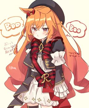 1girl absurdres ahoge animal_ears armband beret black_gem black_jacket blush bow ear_bow ears_down frilled_armband frills gem hair_between_eyes hair_ornament hat highres horse_ears horse_girl horse_tail jacket long_hair long_sleeves norun_(ru-on) orange_hair orange_tail pout red_bow red_sash ribbon royal_family_(the_royal_family) sash shirt shorts speech_bubble tail the_royal_family_(tv_series) thigh_strap white_shorts