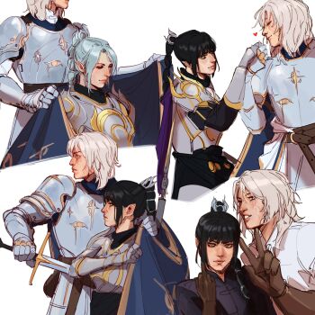 Rule 34 | 2girls, angerykacchan, armor, baldur's gate, baldur's gate 3, black hair, breastplate, closed eyes, commentary, covering with blanket, dungeons & dragons, dungeons &amp; dragons, elf, english commentary, gauntlets, green eyes, highres, holding hands, knight, looking at viewer, multiple girls, multiple views, pauldrons, pointy ears, shadowheart (baldur's gate), short hair, shoulder armor, simple background, smile, tav (baldur's gate), v, white background, white hair, yuri