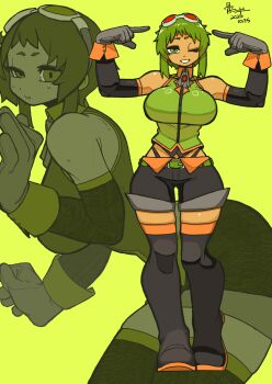 Rule 34 | 1girl, absurdres, bare shoulders, belt, bent over, black shorts, bone nigi, boots, breasts, closed mouth, commentary request, detached sleeves, full body, gloves, goggles, goggles on head, green eyes, green hair, green theme, gumi, highres, large breasts, multiple views, one eye closed, open mouth, orange wrist cuffs, pointing, pointing at self, red-tinted eyewear, red goggles, short hair with long locks, shorts, sleeveless, standing, thigh boots, tinted eyewear, vocaloid, wrist cuffs