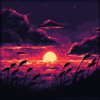 aseprite_(medium) cloud cloudy_sky commentary drsmey english_commentary no_humans ocean original pixel_art purple_sky sky star_(sky) starry_sky sun sunset