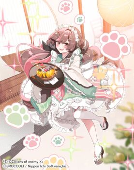 1girl anzu_1026 black_bow bow brown_eyes brown_hair cherry colette_(z/x) copyright_notice food fruit hair_bow hair_ornament hairclip holding japanese_clothes long_hair low_twintails maid maid_headdress multicolored_hair official_art okobo paw_print pink_hair platform_sandals sandals single_thighhigh socks solo sparkle spoon standing standing_on_one_leg sweets thighhighs twintails wa_maid wagashi white_socks white_thighhighs z/x
