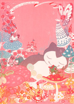 :3 alice_(alice_in_wonderland) alice_(alice_in_wonderland)_(cosplay) alice&#039;s_adventures_in_wonderland antennae apron artist_name border butterfree caterpie caterpillar_(alice_in_wonderland) caterpillar_(alice_in_wonderland)_(cosplay) closed_mouth cosplay dress eevee english_text fangs flower gen_1_pokemon gloom_(pokemon) highres holding holding_pocket_watch hookah legendary_pokemon metapod mew_(pokemon) mushroom mythical_pokemon neji-orange nintendo no_humans oddish one_eye_closed paras pikachu pink_background pink_theme pocket_watch pokemon pokemon_(creature) red_flower red_rose ribbon rose saliva snorlax vileplume watch whiskers white_apron white_rabbit_(alice_in_wonderland) white_rabbit_(alice_in_wonderland)_(cosplay)