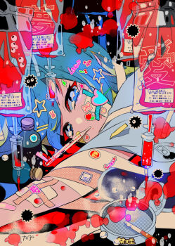1girl acid_trip ashtray bandaid bandaid_on_face blood blood_bag blood_splatter blue_eyes can cigarette colorful decora drink_can drugged drugs highres holographic_clothing intravenous_drip iv_stand magatan medicine medicine_bottle original pill pill_bottle pill_hair_ornament school_uniform sick smoke sticker sticker_on_face surreal susuwatari syringe tears thermometer too_many_hair_ornaments translated what