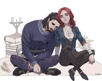 Rule 34 | 1boy, 1girl, aqua eyes, baldur's gate, baldur's gate 3, beard, black shoes, blue shirt, book, brown hair, brown pants, byuub, couple, dungeons & dragons, dungeons &amp; dragons, facial hair, gale (baldur's gate), head on another's shoulder, hetero, indian style, long hair, pants, purple pants, purple shirt, red hair, scroll, shirt, shoes, sitting, tav (baldur's gate)