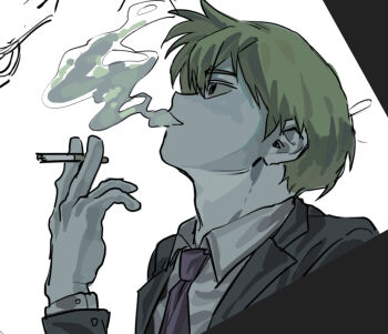Rule 34 | 1boy, between fingers, black eyes, blonde hair, blowing smoke, cigarette, collared shirt, commentary, formal clothes, from side, grey jacket, grey suit, haneu, holding, holding cigarette, jacket, looking up, male focus, mob psycho 100, necktie, parted lips, pink necktie, reigen arataka, shirt, smoking, solo, suit, white background