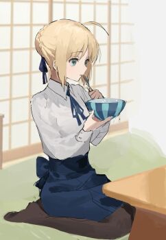 1girl ahoge artoria_pendragon_(fate) blonde_hair blouse blue_bow blue_bowtie blue_ribbon blue_skirt bow bowl bowtie braid braided_bun collared_shirt dress eating fate/stay_night fate_(series) full_body green_eyes hair_between_eyes hair_bun hair_ribbon high-waist_skirt highres holding holding_bowl holding_spoon long_sleeves pantyhose ribbon saber_(fate) seiza shirt short_hair shouji sidelocks sitting skirt skirt_bow sliding_doors solo spoon table white_shirt wooden_table yuuli_(tuna221022)
