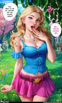 !? 1girl absurdres aqua_footwear arm_at_side aroma_sensei artist_name bare_shoulders belt blonde_hair blue_eyes blue_shirt blush breasts camisole cleavage collarbone contrapposto covering_own_mouth cowboy_shot english_text eyeshadow forehead forest frilled_shirt frills gasp grass haley_(stardew_valley) hand_over_own_mouth highres jewelry large_breasts long_hair looking_at_viewer makeup maru_(stardew_valley) midriff_peek miniskirt mole mole_on_breast nature necklace nose open_mouth outdoors parted_hair patreon_username penny_(stardew_valley) petals pink_skirt shirt shoes skirt socks solo_focus speech_bubble standing star_(symbol) stardew_valley thigh_gap watermark wavy_hair web_address white_socks