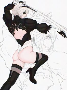1girl 2b_(nier:automata) ass back_cutout black_boots black_gloves black_hairband black_thighhighs blindfold boots clothing_cutout feather_trim fighting_stance foot_out_of_frame gloves hair_between_eyes hairband heattech_leotard highres holding holding_sword holding_weapon juliet_sleeves leotard long_sleeves lux_spei nier:automata nier_(series) parted_lips puffy_sleeves solo sword thigh_boots thighhighs turtleneck weapon white_leotard