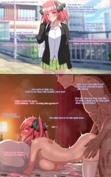 1boy 1girl 2koma absurdres ahegao all_fours arched_back ass bed bed_sheet bent_over black_jacket black_ribbon blue_eyes blunt_bangs blurry blurry_background blush breast_press breasts butterfly_hair_ornament comic completely_nude condom condom_wrapper cum curtains dark-skinned_male dark_skin day doggystyle drooling english_text eruu_(eruuman) from_side fucked_silly go-toubun_no_hanayome green_skirt hair_ornament hair_ribbon half-closed_eyes hand_on_another's_hip hard-translated heart heart-shaped_pupils hetero highres indoors instant_loss interracial jacket lamp large_breasts long_sleeves looking_at_viewer medium_hair motion_lines multiple_condoms multiple_views nakano_nino netorare no_bra no_panties nude hugging_object on_bed open_mouth outdoors pillow pillow_hug pink_hair profile ribbon saliva school_uniform sequential sex sex_from_behind shirt short_hair sideboob skindentation skirt solo_focus stain standing steam sweat symbol-shaped_pupils tears thighhighs thighhighs thighs third-party_edit tongue tongue_out translated two_side_up underboob used_condom vaginal white_shirt white_thighhighs wide-eyed