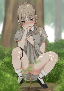 Rule 34 | 1girl, black panties, black shoes, blush, brown eyes, brown hair, clothes lift, convenient censoring, day, embarrassed, exhibitionism, groin, highres, lifting own clothes, long hair, looking at viewer, maanii, nijisanji, outdoors, panties, panties around leg, parted lips, peeing, public indecency, shoes, sister claire, sister claire (3rd costume), skirt, skirt lift, socks, solo, squatting, tears, underwear, virtual youtuber, white socks