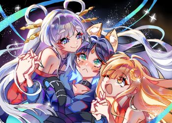 3girls animal_ears blonde_hair blue_eyes blue_hair blush chinese_commentary cho_kaguya-hime! commentary_request crescent crescent_hair_ornament facial_mark fox_ears green_eyes hair_ornament hair_rings hair_stick holding_hands hood hoodie kaguya_(cho_kaguya-hime!) long_hair looking_at_another lop_rabbit_ears multicolored_hair multiple_girls one_eye_closed open_mouth orange_eyes orange_hair rabbit_ears runami_yachiyo sakayori_iroha smile thick_eyebrows virtual_youtuber yunfengge