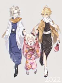 1girl 2boys ^_^ absurdres aether_(genshin_impact) ahoge albedo_(genshin_impact) alternate_costume aqua_eyes arms_up bag black_footwear black_kimono black_sash blonde_hair blue_kimono blush boots braid braided_ponytail closed_eyes closed_mouth commentary dated dodoco_(genshin_impact) earrings eyelashes floating_hair full_body genshin_impact grey_background hair_between_eyes hair_ornament haori high_heel_boots high_heels highres holding holding_hands jacket japanese_clothes jewelry kanzashi kimono kinchaku klee_(genshin_impact) light_brown_hair long_hair long_sleeves looking_at_another looking_to_the_side medium_hair mizuamememe multiple_boys obi obijime okobo open_clothes open_jacket open_mouth orange_jacket orange_scarf parted_bangs pink_kimono pink_sash platform_sandals pointy_ears pom_pom_(clothes) pouch print_kimono print_sash sandals sash scar scar_on_neck scarf sidelocks single_braid single_earring smile socks standing tabi teeth upper_teeth_only white_jacket white_scarf white_socks wide_sleeves yellow_eyes