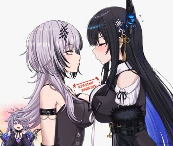 Rule 34 | 3girls, arm strap, arrow (symbol), artist name, black dress, black flower, black gloves, black hair, black horns, black jacket, blue hair, blush, breast press, breasts, chest jewel, closed eyes, closed mouth, clothing cutout, colored inner hair, commentary, demon horns, dress, english commentary, english text, facing another, fingerless gloves, flower, flying sweatdrops, from side, gardavwar, gem, gloves, grey hair, hair ornament, hair over one eye, hands up, highres, hololive, hololive english, horn flower, horns, incoming kiss, inconvenient breasts, jacket, jewel under eye, kissing barrier (meme), koseki bijou, koseki bijou (casual), large breasts, long sleeves, looking at another, meme, metal wings, mole, mole under eye, multicolored hair, multiple girls, nerissa ravencroft, nerissa ravencroft (1st costume), official alternate costume, one eye covered, open mouth, profile, puckered lips, purple eyes, purple gem, ribbed shirt, shiori novella, shiori novella (1st costume), shirt, shoulder cutout, single glove, sleeveless, sleeveless dress, sleeves past wrists, small sweatdrop, tassel, tassel hair ornament, two-tone hair, upper body, virtual youtuber, white shirt, yellow eyes, yuri