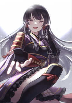 1girl armor backlighting black_gloves black_hair blunt_ends commentary_request commission cowboy_shot elbow_gloves fingerless_gloves fingernails floating_hair frilled_kimono frills full_moon gloves hair_ribbon hands_up highres japanese_armor japanese_clothes kimono kimono_skirt knee_up kote long_hair long_sleeves looking_at_viewer moon muneate night obi open_mouth outdoors purple_eyes purple_kimono reaching reaching_towards_viewer red_ribbon ribbon ribbon-trimmed_kimono ribbon-trimmed_sleeves ribbon_trim sash shoujo_kageki_revue_starlight shoujo_kageki_revue_starlight_-re_live- shoulder_armor skeb_commission smile sode solo suneate tareko tomoe_tamao tucking_hair wide_sleeves