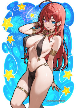 1girl ahoge armlet blue_background blue_eyes bracelet breast_curtains breasts commentary earrings english_commentary heterochromia highres jewelry large_breasts light_smile long_hair looking_at_viewer multiple_rings o-ring o-ring_bottom original parted_lips patreon_username pelvic_curtain purple_eyes red_hair redjet ring smile solo standing star_(symbol) thigh_strap thighs