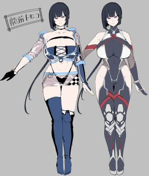 1girl absurdres alternate_costume black_gloves bob_cut bodysuit breasts reference_sheet curvy fingerless_gloves gloves grey_background high_heels highres huge_breasts impossible_bodysuit impossible_clothes lilith-soft looking_at_viewer low_ponytail miniskirt navel ponytail race_queen ryuuzen_tomoko see-through_clothes see-through_skirt short_hair sian sketch skirt smile solo standing taimanin_(series) taimanin_rpgx taimanin_suit thong translation_request wide_hips zipper_pull_tab