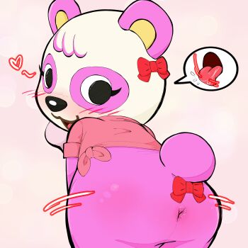 1girl :3 absurdres animal_crossing animal_ears animal_nose anus ass ass_shake bear_ears bear_girl bear_tail black_eyes body_fur bottomless bow crop_top ear_bow female_focus from_behind furry furry_female hand_up happy heart highres leaning_forward looking_back nintendo open_mouth pink_background pink_fur pink_shirt pinky_(animal_crossing) presenting presenting_anus presenting_ass red_bow red_leopard shirt short_sleeves short_tail simple_background smile solo speech_bubble spoken_heart tail tail_bow tail_ornament tied_shirt two-tone_fur uncensored white_fur