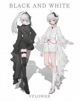 2girls ahoge androgynous black_boots black_bow black_hair black_jumpsuit black_thighhighs black_vs_white blush boots bow brooch character_name dual_persona english_text flower_(vocaloid) flower_(vocaloid3) flower_(vocaloid4) frilled_shirt frilled_sleeves frilled_socks frills full_body garter_belt garter_straps grid_background hand_on_own_hip heart heart_brooch high_heels highres jewelry jumpsuit lace-up_boots long_hair long_sleeves looking_at_viewer looking_to_the_side multicolored_hair multiple_girls ouji_fashion ponytail purple_eyes purple_hair shadow shirt shoes short_hair short_jumpsuit shorts showgirl_skirt simple_background sleeves_past_fingers sleeves_past_wrists socks standing standing_on_one_leg streaked_hair thigh_strap thighhighs two-tone_hair vocaloid white_background white_bow white_hair white_shoes white_shorts white_socks wide_sleeves zrry331386