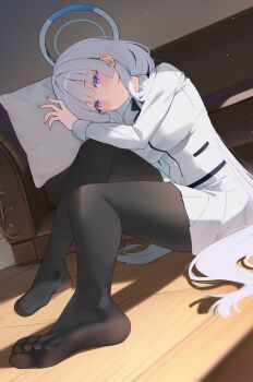 1girl absurdres black_pantyhose blue_archive blush closed_mouth commentary couch feet formal_clothes halo head_on_pillow highres jacket lanhua227 leaning_on_object long_hair mechanical_halo noa_(blue_archive) on_floor pantyhose pillow pleated_skirt purple_eyes sitting skirt solo suit two-sided_fabric two-sided_jacket very_long_hair white_hair white_halo white_jacket white_skirt white_suit