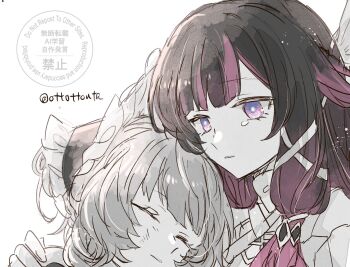 Rule 34 | 2girls, black hair, bonnet, closed eyes, columbina (genshin impact), commentary request, death, genshin impact, hair ribbon, highres, limited palette, long hair, multicolored hair, multiple girls, ottottouta, purple eyes, purple hair, ribbon, sandrone (genshin impact), scene reference, simple background, sketch, spoilers, tearing up, tears, twitter username, watermark, white background