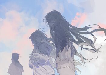 Rule 34 | 1boy, 2girls, absurdres, arms at sides, closed mouth, cloud, commentary request, highres, hood, hood up, hooded jacket, jacket, kagerou project, kido tsubomi, kozakura marry, long hair, long sleeves, looking at viewer, looking to the side, mo011010, multiple girls, outdoors, pale color, seto kousuke, shade, sky, sleeves past fingers, sleeves past wrists, upper body, wind