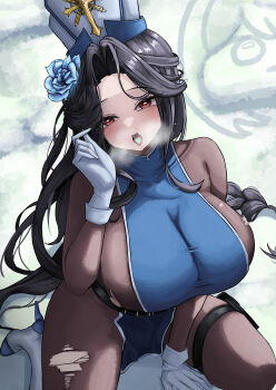 1girl absurdres black_hair blue_tabard bodystocking breasts commentary english_commentary gloves goddess_of_victory:_nikke hat heavy_breathing highres ice_flower large_breasts long_braid long_hair maiden_(ice_rose)_(nikke) maiden_(nikke) official_alternate_costume pouch red_eyes sitting small_chair_(xiaosaiyi33818) solo tabard thigh_pouch tongue tongue_mark tongue_out torn_bodystocking torn_clothes very_long_hair wariza white_gloves white_hat