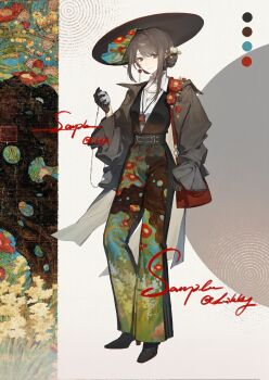 Rule 34 | 1girl, absurdres, alternate costume, artist name, black gloves, brown coat, brown hair, brown hat, closed mouth, coat, color guide, earrings, floral print pants, flower, full body, gloves, hair ornament, hair stick, hat, highres, jewelry, likkiy, mismatched earrings, necklace, open clothes, open coat, pants, pearl necklace, red eyes, red flower, reverse:1999, sample watermark, semmelweis (reverse:1999), shirt, solo, watch, watermark, white shirt, wide brim, wristwatch