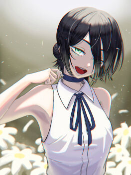 1girl anime_coloring black_choker black_hair black_ribbon chainsaw_man choker collared_shirt colored_skin colorized commentary english_commentary eyes_visible_through_hair floral_background flower glowing glowing_eyes gradient_background green_eyes hair_between_eyes hair_bun hand_up long_hair_between_eyes looking_at_viewer multicolored_eyes neck_ribbon open_mouth petals reze_(chainsaw_man) ribbon shirt short_hair simple_background single_hair_bun sleeveless sleeveless_shirt smile solo teeth upper_teeth_only vurnillust white_flower white_shirt