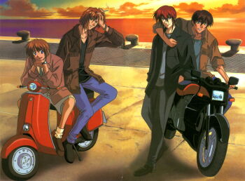1990s_(style) 4boys absurdres black_hair black_jacket black_pants blue_eyes brown_hair brown_jacket cigarette concrete denim fujimiya_ran green_eyes hidaka_ken highres holding holding_cigarette jacket jeans kudou_youji long_hair long_sleeves magazine_scan motor_vehicle motorcycle multiple_boys non-web_source official_art on_motorcycle pants red_hair retro_artstyle scan siblings sitting sunglasses sunset tsukiyono_omi weiss_kreuz wharf
