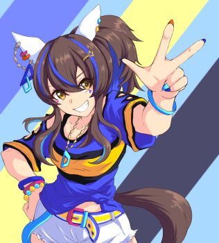 1girl animal_ears bead_bracelet beads belt blue_hair blue_shirt bracelet breasts brown_hair collarbone commentary_request daitaku_helios_(fun_fun_party_night)_(umamusume) daitaku_helios_(umamusume) ear_covers facial_tattoo grin hair_between_eyes hair_ornament hairclip highres horse_ears horse_girl horse_tail jewelry long_hair looking_at_viewer midriff_peek multicolored_hair multicolored_nails necklace open_mouth shirt shorts side_ponytail smile solo streaked_hair tail tattoo teeth tied_shirt umamusume w white_shorts windg0 yellow_belt yellow_eyes