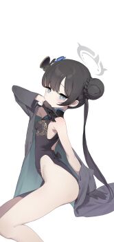 1girl absurdres akirayang23 black_dress black_gloves black_hair blue_archive blush braid braided_base braided_bun breasts bun_with_braided_base butterfly_hair_ornament china_dress chinese_clothes coat double_bun dragon_print dress from_side gloves grey_eyes grey_halo hair_bun hair_ornament halo highres invisible_chair kisaki_(blue_archive) long_hair looking_at_viewer no_panties pelvic_curtain print_dress simple_background sitting sleeveless sleeveless_dress small_breasts solo striped_coat twintails vertical-striped_coat white_background