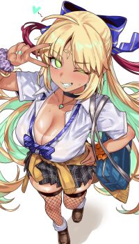 1girl absurdres ahoge alternate_breast_size_(larger) alternate_costume artoria_caster_(fate) artoria_caster_(third_ascension)_(fate) artoria_pendragon_(fate) black_skirt blonde_hair blue_ribbon blush bow bowtie bracelet breasts brown_shoes choker cleavage collared_shirt colored_inner_hair contemporary ebora facial_mark fate/grand_order fate_(series) fishnet_thighhighs fishnets forehead_mark green_eyes green_hair grin hair_ribbon highres jewelry lipstick loafers long_hair looking_at_viewer makeup miniskirt multicolored_hair necklace one_eye_closed pendant ribbon scrunchie shirt shoes short_sleeves skirt smile tan tanline thighhighs twintails variant_set white_shirt wrist_scrunchie