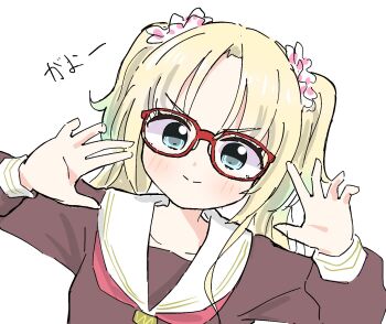 >:) 1girl blonde_hair blue_eyes blush claw_pose closed_mouth collarbone commentary_request flower gao glasses glasses_day gradient_hair hair_flower hair_ornament hasu_no_sora_school_uniform highres link!_like!_love_live! long_sleeves looking_at_viewer love_live! multicolored_hair neckerchief osawa_rurino parted_bangs pink_flower red-framed_eyewear red_neckerchief sailor_collar school_uniform simple_background smile solo split_mouth tazaki_masanobu twintails upper_body v-shaped_eyebrows virtual_youtuber white_background white_sailor_collar winter_uniform