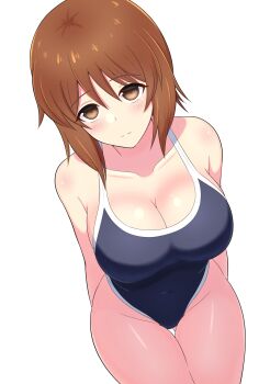 1girl absurdres arms_behind_back blue_one-piece_swimsuit breasts brown_eyes brown_hair cleavage closed_mouth commentary_request competition_school_swimsuit girls_und_panzer halterneck highres iteza_(flapper_girl_25) large_breasts light_blush light_smile looking_at_viewer nishizumi_miho one-piece_swimsuit partial_commentary school_swimsuit short_hair simple_background smile solo standing swimsuit thigh_gap white_background