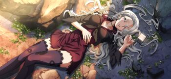 1girl artist_request black_jacket black_thighhighs blush breasts brown_choker buttons choker code_geass code_geass:_lost_stories code_geass:_soubou_no_oz collarbone cropped_jacket mp3_player dress earrings female_focus floral_print flower from_above game_cg grey_eyes grey_hair hair_between_eyes hair_spread_out hand_on_own_stomach hand_up highres jacket jewelry knees_together_feet_apart light_blush long_hair long_sleeves lying matching_hair/eyes medium_breasts miss_x_(code_geass) non-web_source official_art on_back parted_lips red_dress rock short_dress sidelocks solo stud_earrings teeth thighhighs white_flower zettai_ryouiki