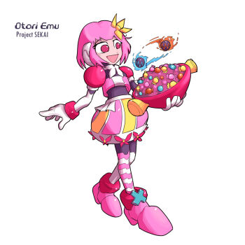 Rule 34 | 2000s (style), android, candy, character name, commentary, copyright name, crea (mega man), english commentary, food, full body, hair ornament, highres, karakatodzo, mega man (series), mega man zero (series), nakayama tooru (style), ootori emu, parody, pink hair, prea (mega man), project sekai, red eyes, simple background, skirt, standing, style parody, white background