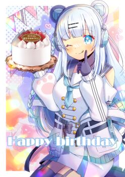 1girl ;q animal_ear_headphones animal_ears birthday_cake black_gloves blue_eyes blush braid breasts cake closed_mouth commentary_request commission dress fake_animal_ears food fruit garter_straps gloves grey_hair grey_sailor_collar grey_thighhighs halftone halftone_background hands_up happy_birthday headphones holding holding_plate jacket kou_hiyoyo long_hair long_sleeves medium_breasts off_shoulder one_eye_closed open_clothes open_jacket pennant plate pleated_dress project_nebula puffy_long_sleeves puffy_sleeves sailor_collar sailor_dress single_braid skeb_commission sleeveless sleeveless_dress smile solo strawberry string_of_flags thighhighs tongue tongue_out translation_request usui_yura very_long_hair virtual_youtuber white_dress white_jacket