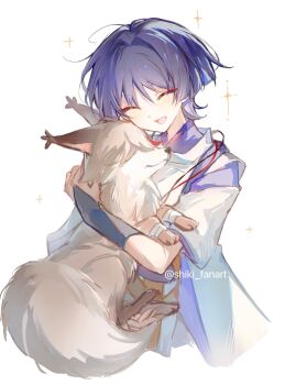 Rule 34 | 1boy, adapted costume, animal, black bridal gauntlets, blunt ends, bridal gauntlets, chinese commentary, closed eyes, commentary request, eyeliner, fox, genshin impact, happy, highres, holding, holding animal, japanese clothes, kariginu, kimono, layered sleeves, makeup, male focus, open mouth, purple hair, red eyeliner, scaramouche (genshin impact), scaramouche (kabukimono) (genshin impact), shiki fanart, short hair, simple background, smile, solo, sparkle, white background, white kimono, wispy bangs