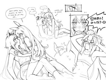 ! >_< ... 2girls :| ^^^ ahoge all_fours animal_ears arm_support armpits arrow_(symbol) bare_arms barefoot blush breasts closed_eyes closed_mouth collarbone commentary crying_emoji double-parted_bangs embarrassed emoji english_text eye_contact face-to-face fang flying_sweatdrops greyscale hair_between_eyes hand_on_another's_chest hand_on_another's_knee hand_up hands_on_own_head hands_up horse_ears horse_girl horse_tail jitome kneeling leaning_back leaning_forward legs_apart lineart long_hair looking_at_another monochrome multicolored_hair multiple_girls navel nervous_sweating nose_blush oguri_cap_(umamusume) on_person open_mouth pants parted_lips penyihirlaut reclining rectangular_mouth shirt short_sleeves shorts simple_background sitting skull sleeveless small_breasts speech_bubble spoken_ellipsis spoken_symbol sports_bra stomach streaked_hair sweat sweatdrop tail tamamo_cross_(umamusume) two-tone_hair umamusume v-shaped_eyebrows white_background yuri