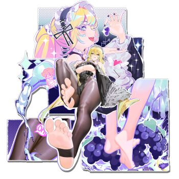 1girl aqua_hair black_nails blonde_hair breasts capriccio_(daiblos_core) covered_navel daiblos_core feet food fruit grapes green_eyes hair_ornament hair_scrunchie heart highres holding holding_food holding_fruit long_hair multicolored_hair open_mouth pantyhose ponytail pouring scrunchie sleeves_past_fingers sleeves_past_wrists stirrup_legwear streaked_hair toeless_legwear tongue underboob white_scrunchie
