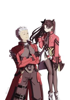 1boy 1girl archer_(fate) archer_(honkai:_star_rail)_(fate) artist_name baggy_pants belt black_belt black_bow black_choker black_gloves black_necktie black_shirt black_thighhighs blue_eyes boots bow brown_eyes brown_hair brown_pants brown_shirt buttons cape chain choker closed_mouth collared_jacket commentary cowboy_shot crossed_arms dark-skinned_male dark_skin earrings fate/stay_night fate/unlimited_blade_works fate_(series) feet_out_of_frame floating_hair flower_knot flying gem gloves gold_chain gold_earrings grey_hair hair_bow highres holding holding_jewelry holding_necklace honkai:_star_rail honkai_(series) hoop_earrings iori_t101010 jacket jewelry lapels long_sleeves looking_at_another miniskirt necklace necktie one_eye_closed open_clothes open_jacket pants parted_bangs pendant red_cape red_gem red_jacket shirt short_hair simple_background skirt smile spiked_hair standing tassel thigh_strap thighhighs tohsaka_rin tohsaka_rin_(honkai:_star_rail) two_side_up untranslatable_commentary waist_cape white_background white_boots white_skirt wide_sleeves wristband