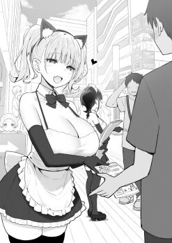 3boys 3girls animal_ears apron blush breasts cat_ears cleavage commentary_request cosplay faceless faceless_male fake_animal_ears fang flyer greyscale heart highres joshi_kousei_rich_thots large_breasts maid_apron maid_headdress medium_breasts monochrome multiple_boys multiple_girls riko_(sky-freedom) shoes short_hair short_twintails skin_fang sky-freedom thighhighs twintails