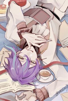 1boy book cake cake_slice coffee coffee_mug cup food fork from_above hashtag-only_commentary highres holding holding_fork kamishiro_rui looking_at_viewer lying male_focus mug on_back open_book paper project_sekai purple_hair solo tongue tongue_out watermark weic1217 yellow_eyes