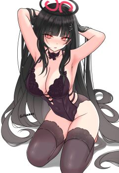 1girl armpits arms_behind_head artist_name black_hair black_halo black_leotard black_thighhighs blue_archive breasts cleavage commentary gileanne halo highres large_breasts leotard long_hair looking_at_viewer red_eyes rio_(blue_archive) simple_background solo thighhighs thighs very_long_hair white_background