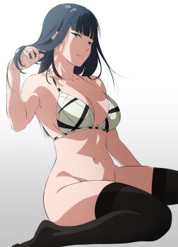 1girl absurdres bikini bikini_top_only black_hair black_thighhighs blunt_bangs bottomless breasts futago_ane_(kakitama) grey_eyes hair_flip highres kakitama large_breasts long_hair looking_at_viewer original parted_lips sitting solo swimsuit thighhighs wariza